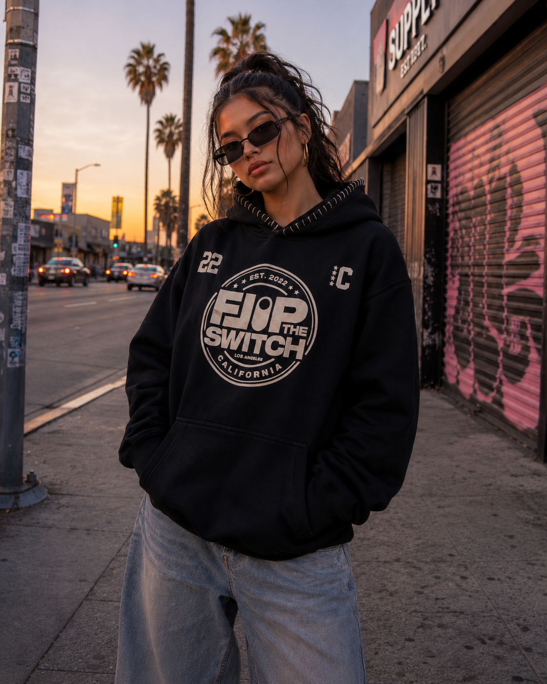 FLIP THE SWITCH Black Puff Print Stitch Hoodie